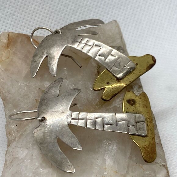 Vintage Palm Trees Sterling Silver 925 & Brass Matching Earring Brooch Set 9g - Picture 7 of 10